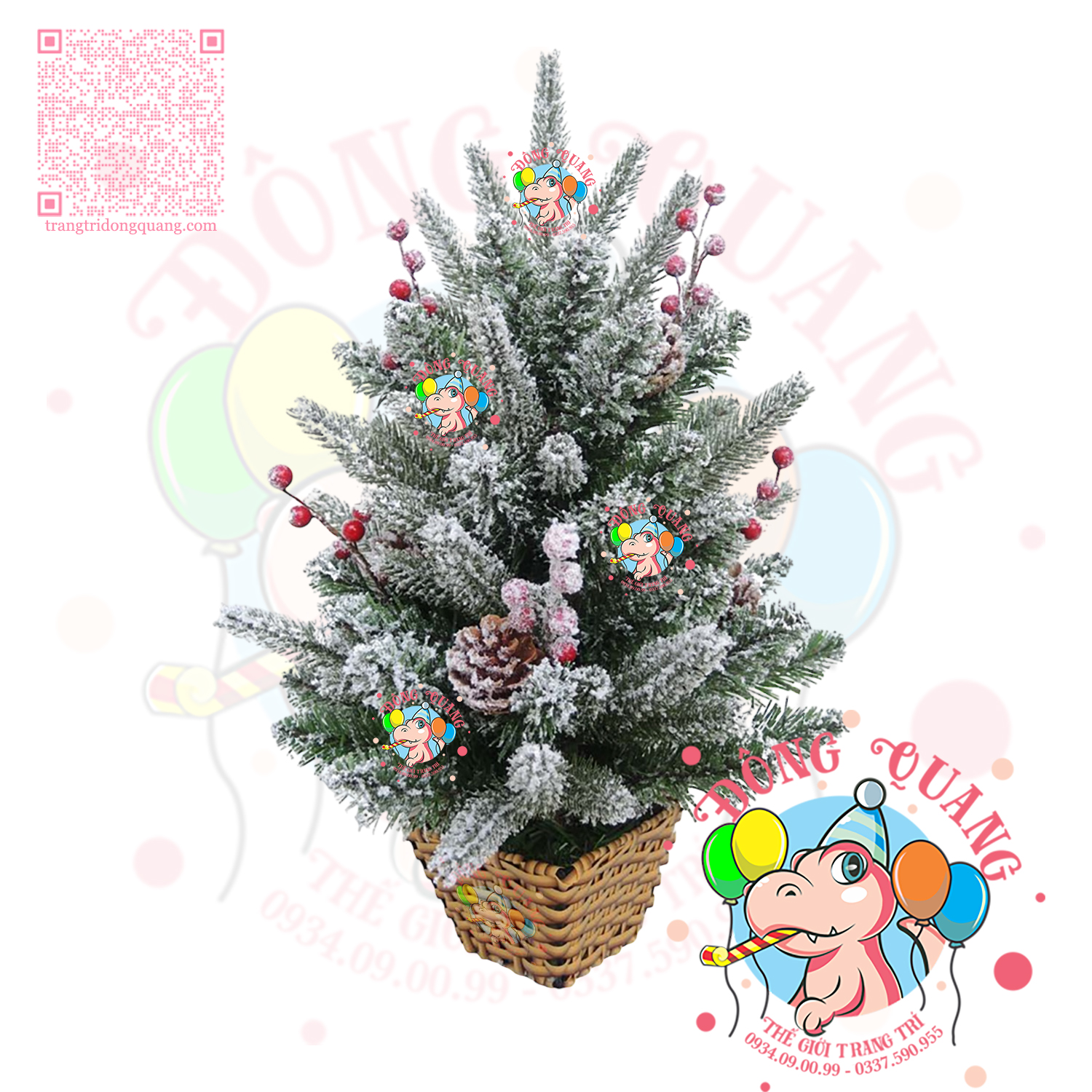 Cây thông mini PE 2 loại lá phủ tuyết gắn trái thông, cherry