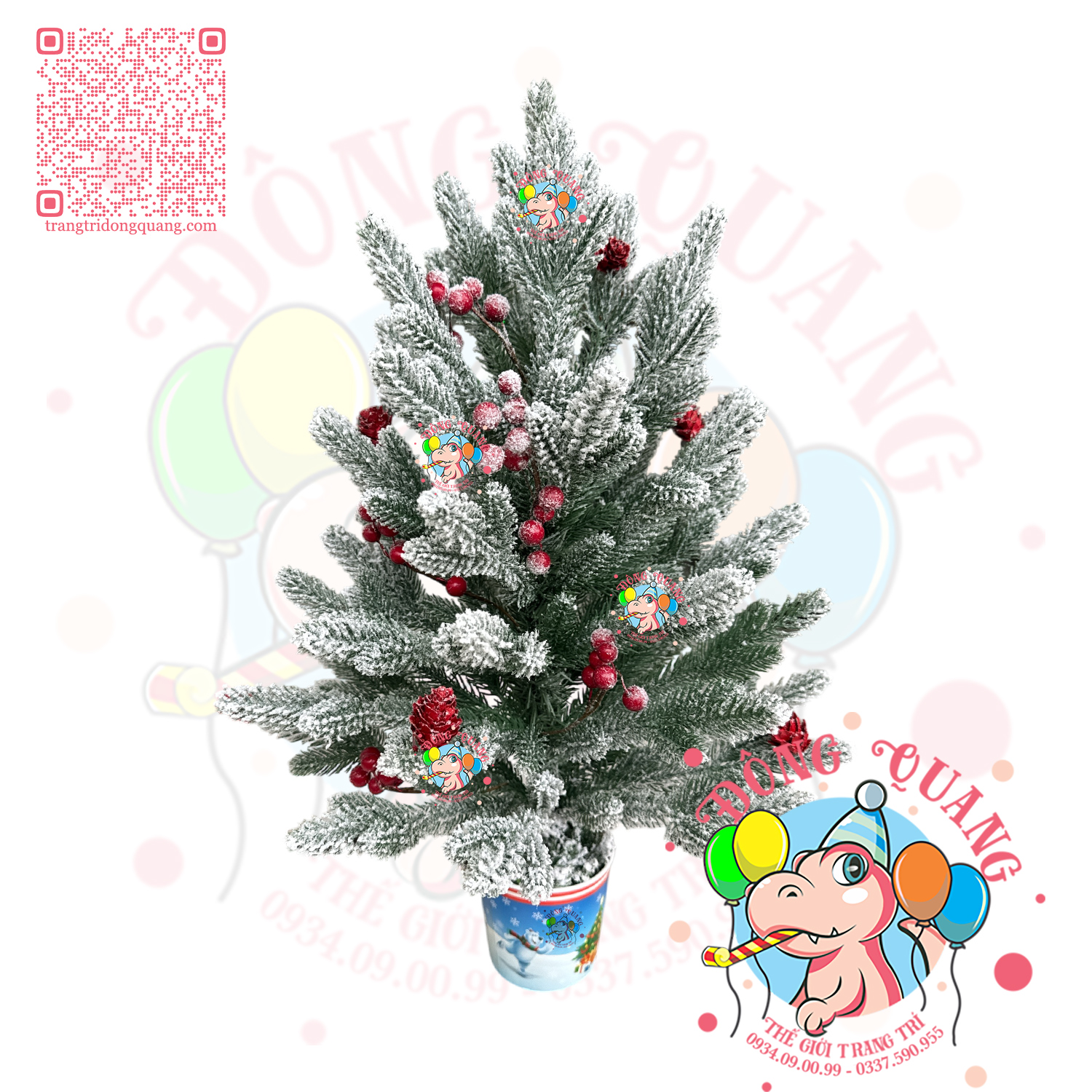 Cây thông mini PE phủ tuyết trái thông, cherry