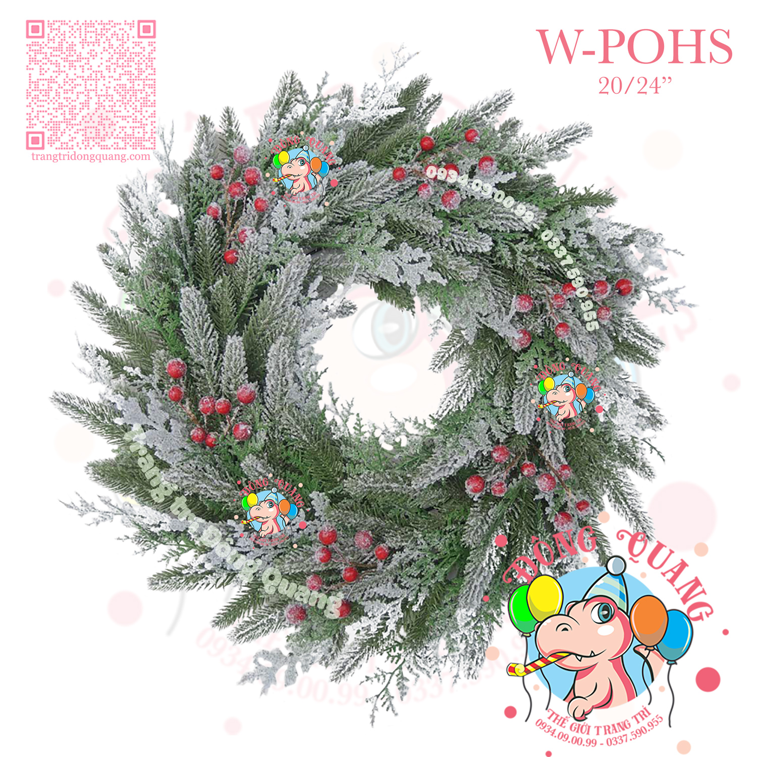 Vòng hoa PE 2 loại lá phủ tuyết cherry