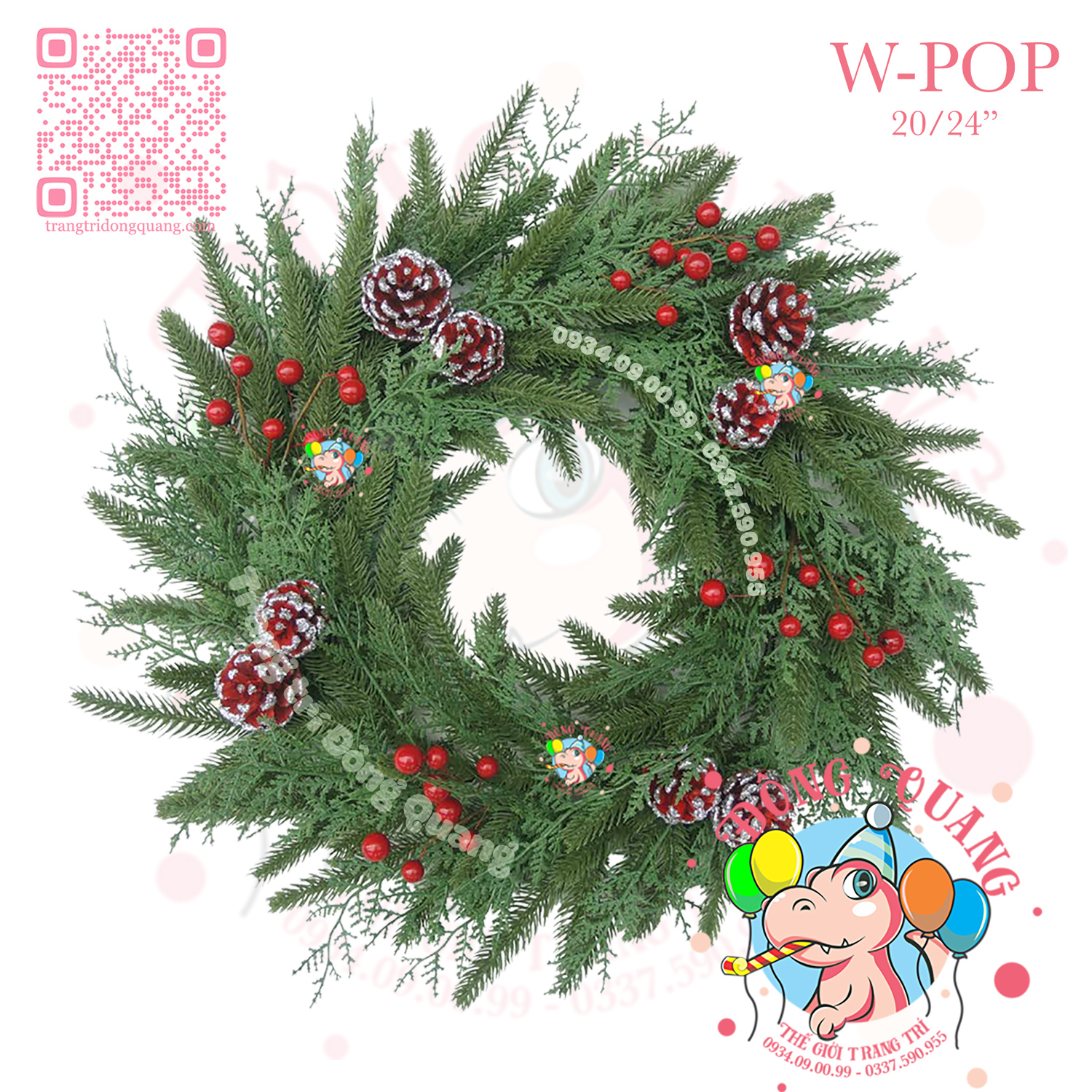 Vòng hoa PE 2 loại lá gắn trái thông, cherry