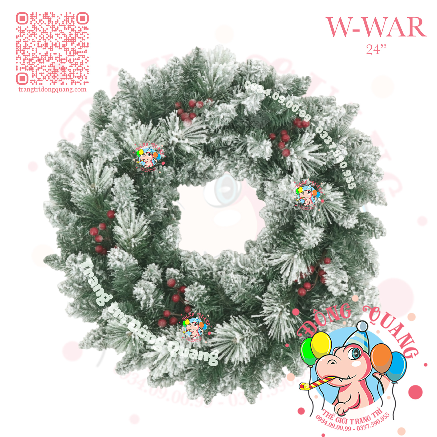 Vòng hoa 2 loại lá phủ tuyết gắn trái đỏ