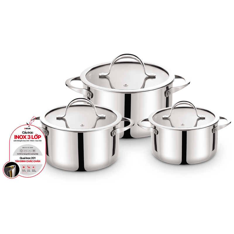 Bộ nồi Inox 304 cao cấp 3 lớp đáy liền ROLER RCW-1115S03.6 (Size 16-20-24cm)