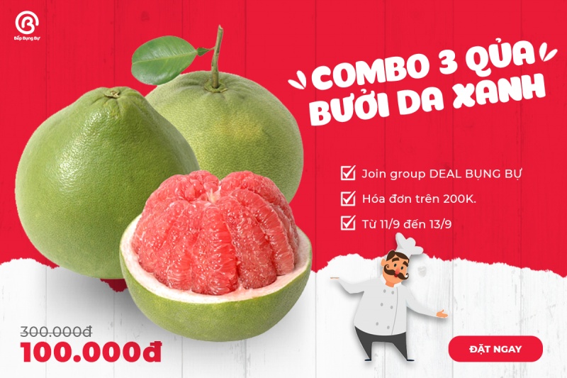 Deal giá hời: Combo 3 quả bưởi da xanh Hoàng Quý chỉ 100K.