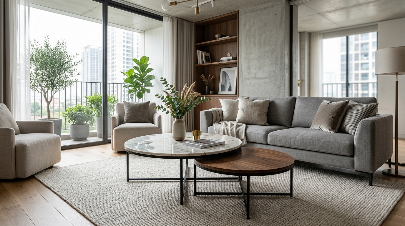 Bộ đôi bàn trà lồng đôi mặt đá marble Calacatta và gỗ óc chó tự nhiên Anna Casa