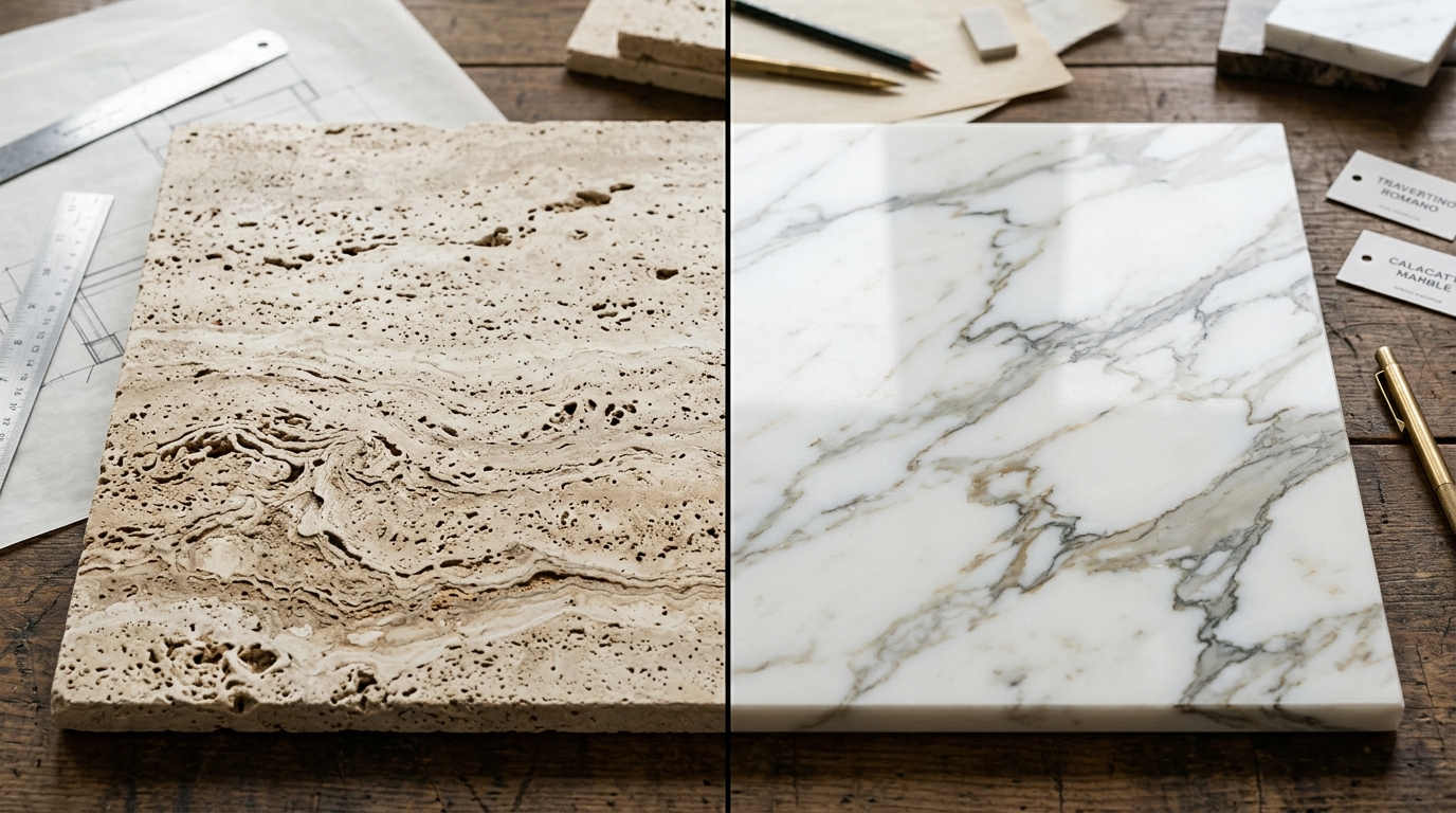 Cận cảnh kết cấu vật liệu đá Travertine và Calacatta Marble