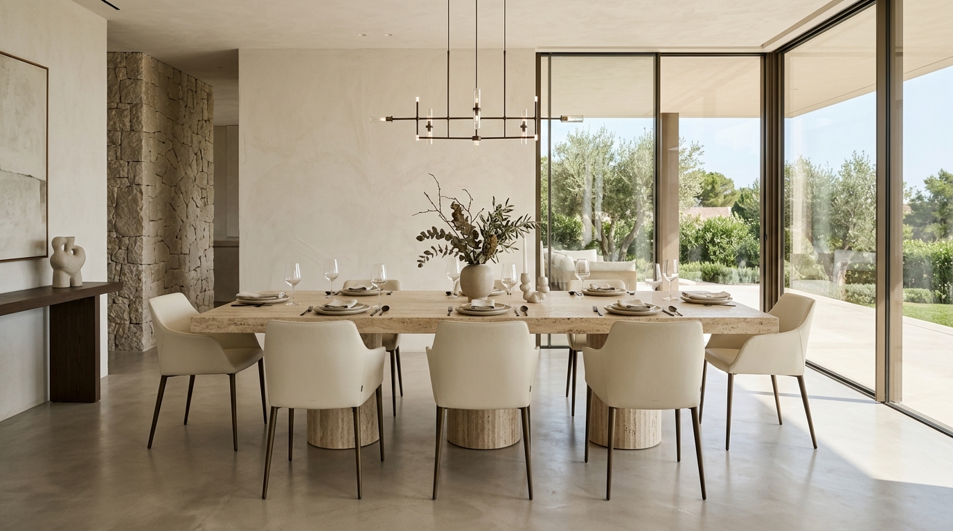 Bàn ăn mặt đá Travertine tự nhiên Roman tại villa hiện đại