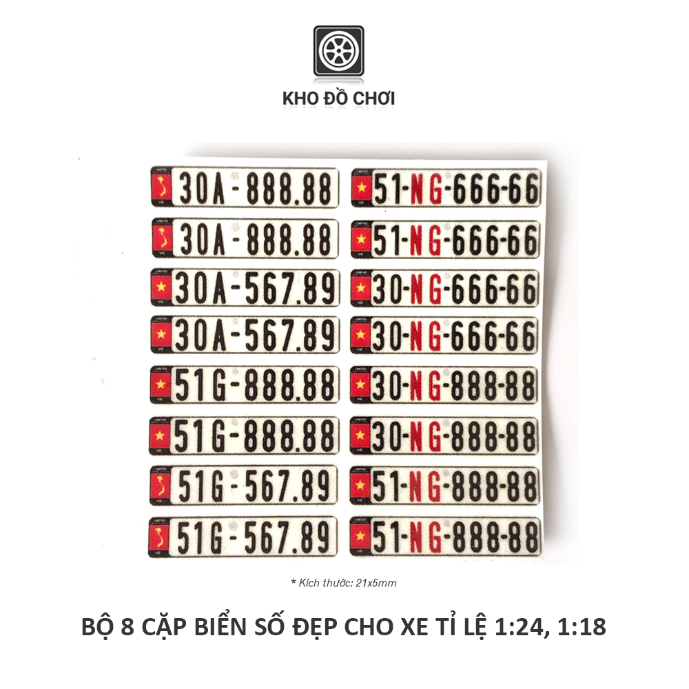 Bộ 8 cặp biển VIP cho mô hình xe hơi tỉ lệ 1:18 và 1:24