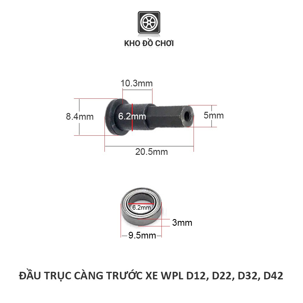 Bộ đầu trục kim loại lắp càng trước xe WPL D12, D22, D32, D42 tỉ lệ 1:10 - Hex 5mm