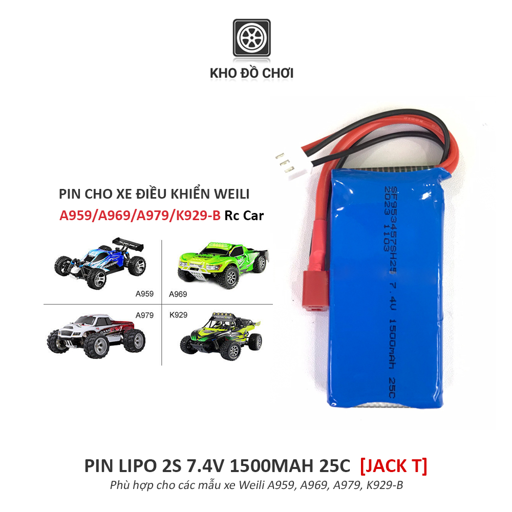 Pin Lipo 2s 1500mAh 7.4V 25C (Jack T) dùng cho xe Weili A959/A969/A979/K929-B