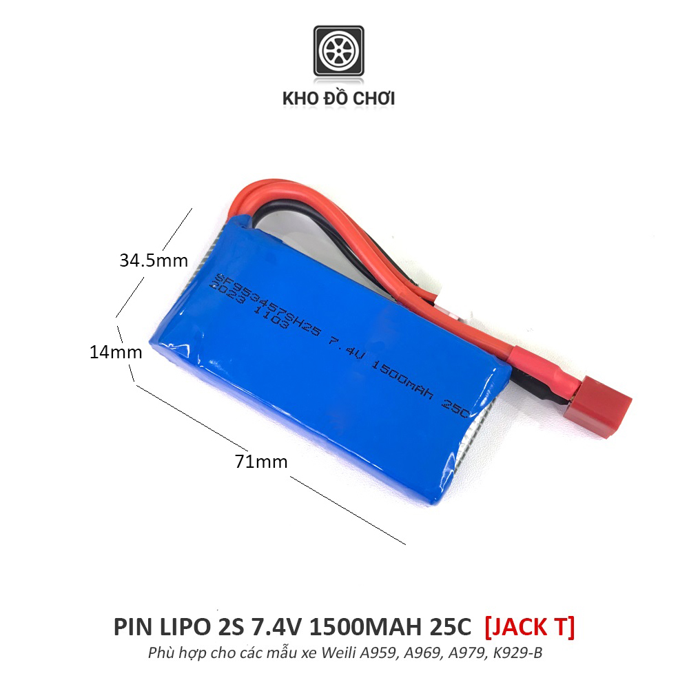 Pin Lipo 2s 1500mAh 7.4V 25C (Jack T) dùng cho xe Weili A959/A969/A979/K929-B