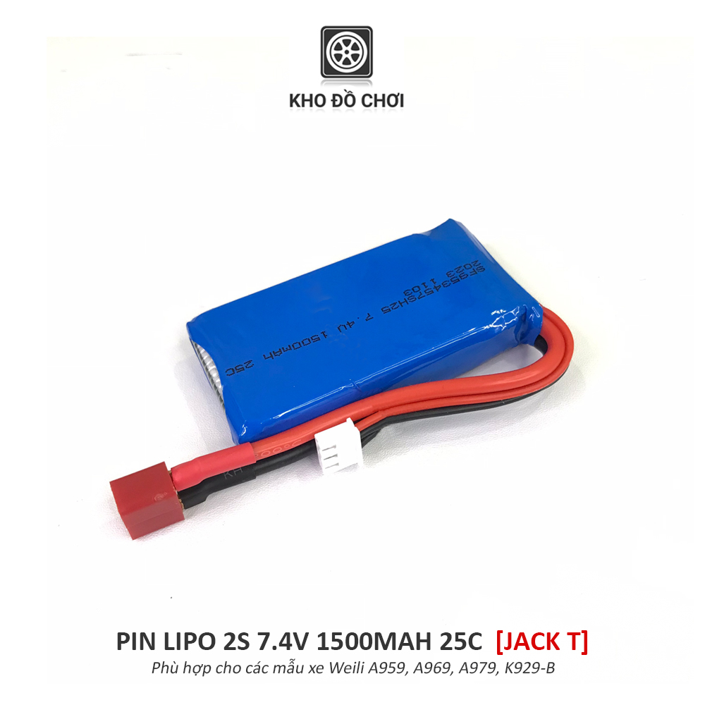 Pin Lipo 2s 1500mAh 7.4V 25C (Jack T) dùng cho xe Weili A959/A969/A979/K929-B