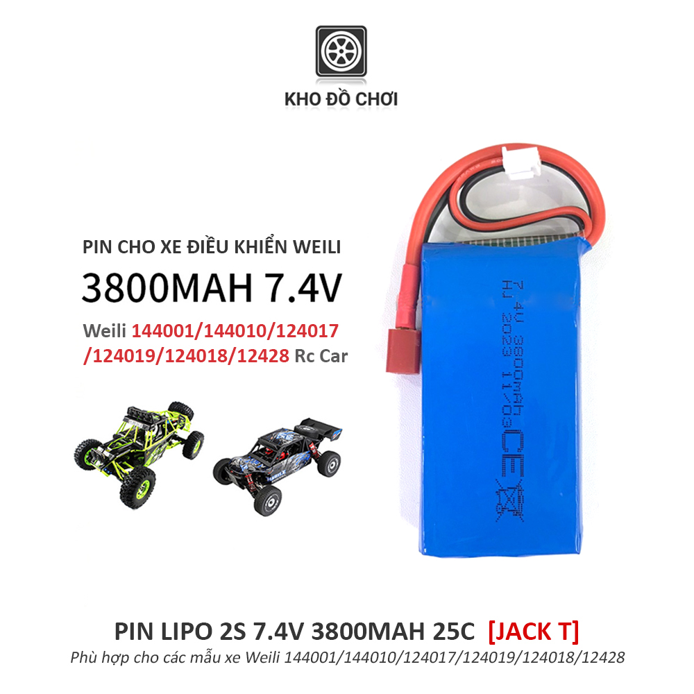 Pin Lipo 2s 3800mAh 7.4V 25C (Jack T) dùng cho xe Weili 144001/144010/124017/124019/124018/12428