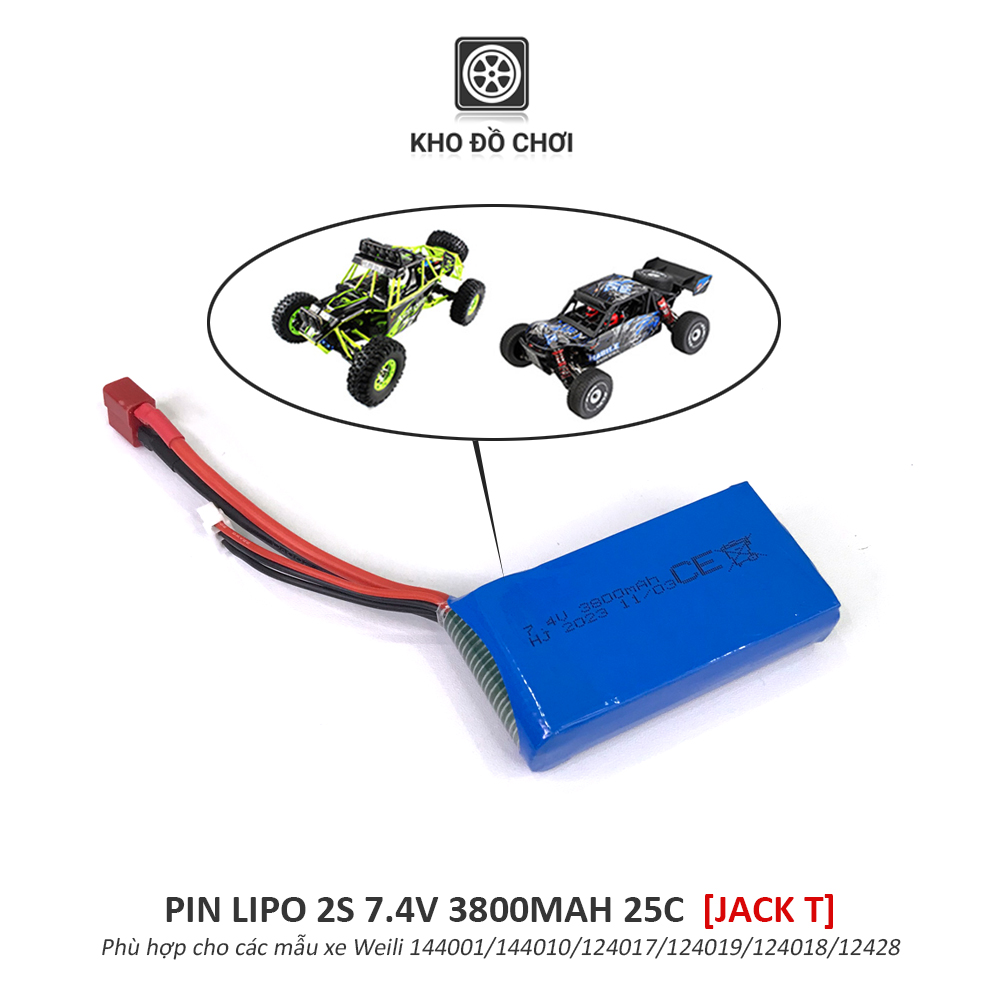 Pin Lipo 2s 3800mAh 7.4V 25C (Jack T) dùng cho xe Weili 144001/144010/124017/124019/124018/12428