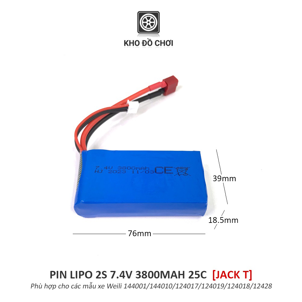 Pin Lipo 2s 3800mAh 7.4V 25C (Jack T) dùng cho xe Weili 144001/144010/124017/124019/124018/12428