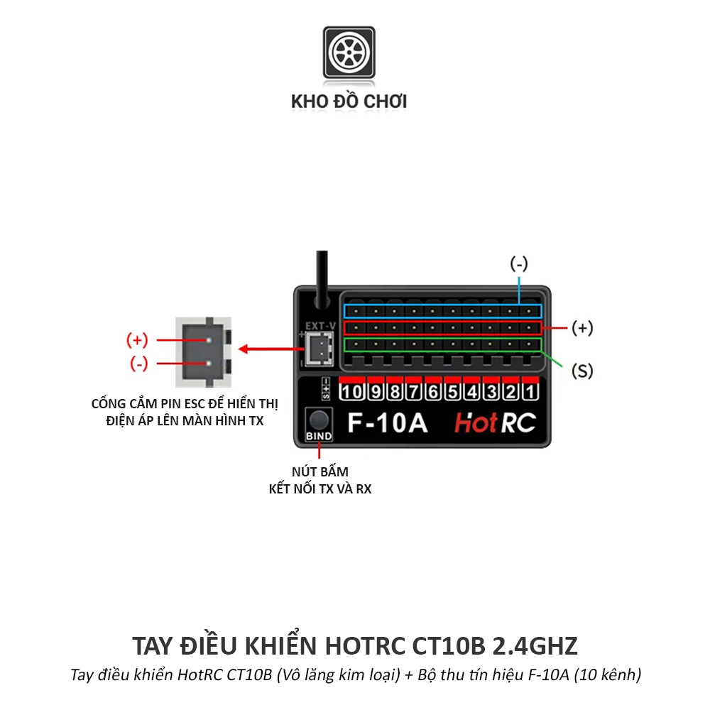 Tay điều khiển HotRC CT10B 2.4Ghz (10 Kênh, vô lăng kim loại)