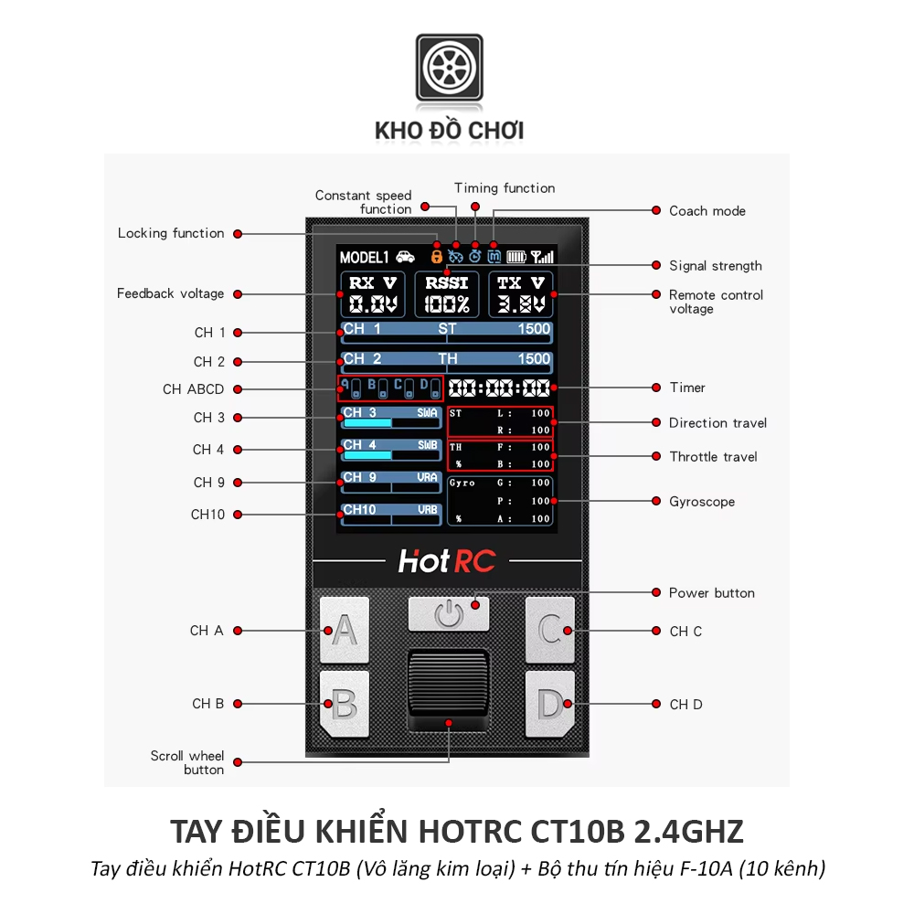 Tay điều khiển HotRC CT10B 2.4Ghz (10 Kênh, vô lăng kim loại)