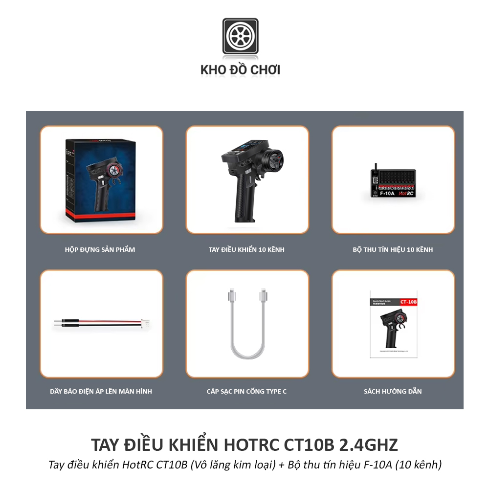 Tay điều khiển HotRC CT10B 2.4Ghz (10 Kênh, vô lăng kim loại)