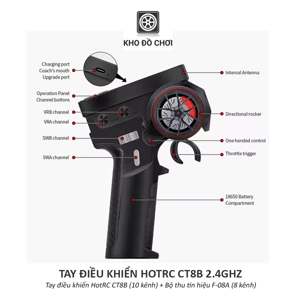 Tay điều khiển HotRC CT8B 2.4Ghz (Điều khiển 10 kênh + Bộ thu 8 kênh)