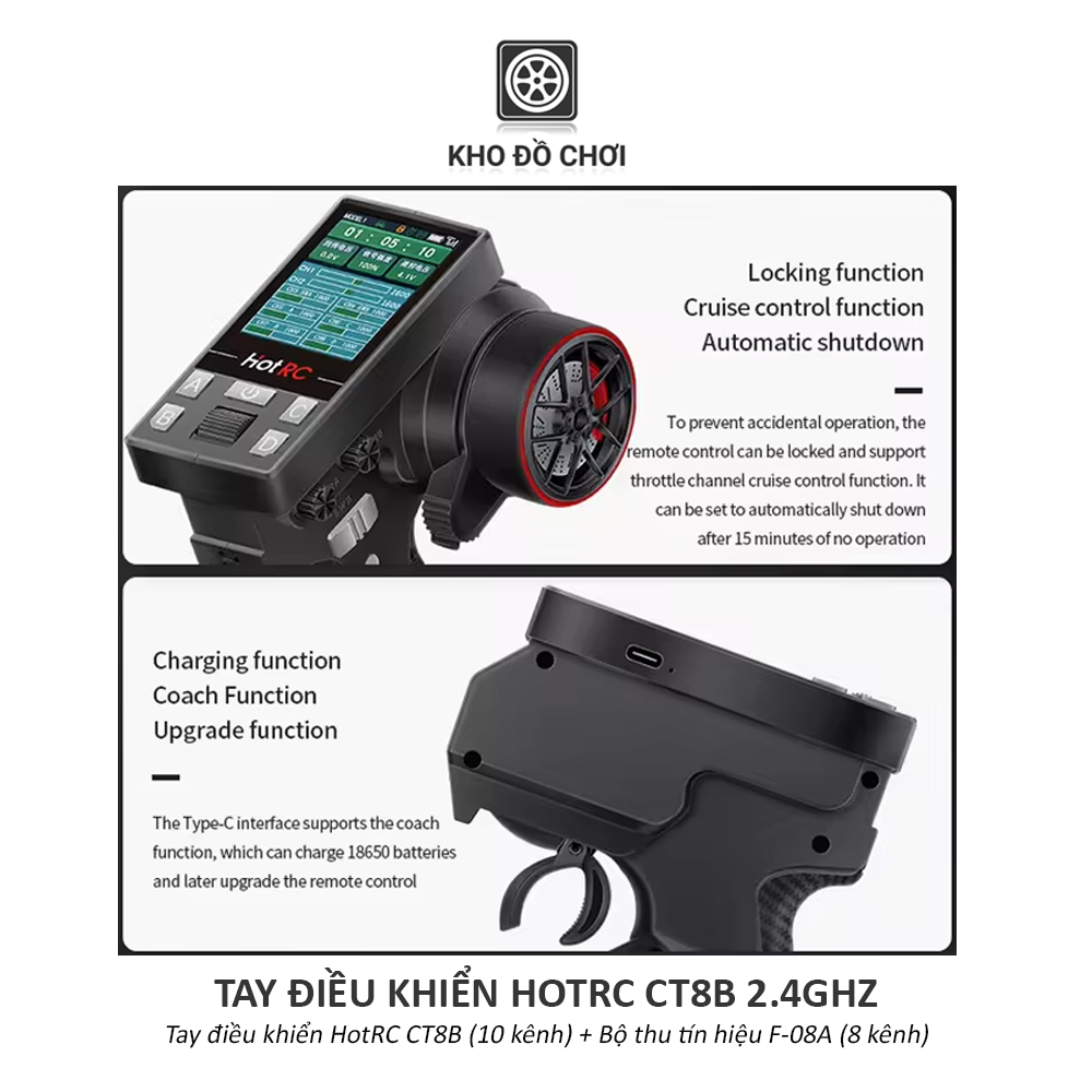 Tay điều khiển HotRC CT8B 2.4Ghz (Điều khiển 10 kênh + Bộ thu 8 kênh)