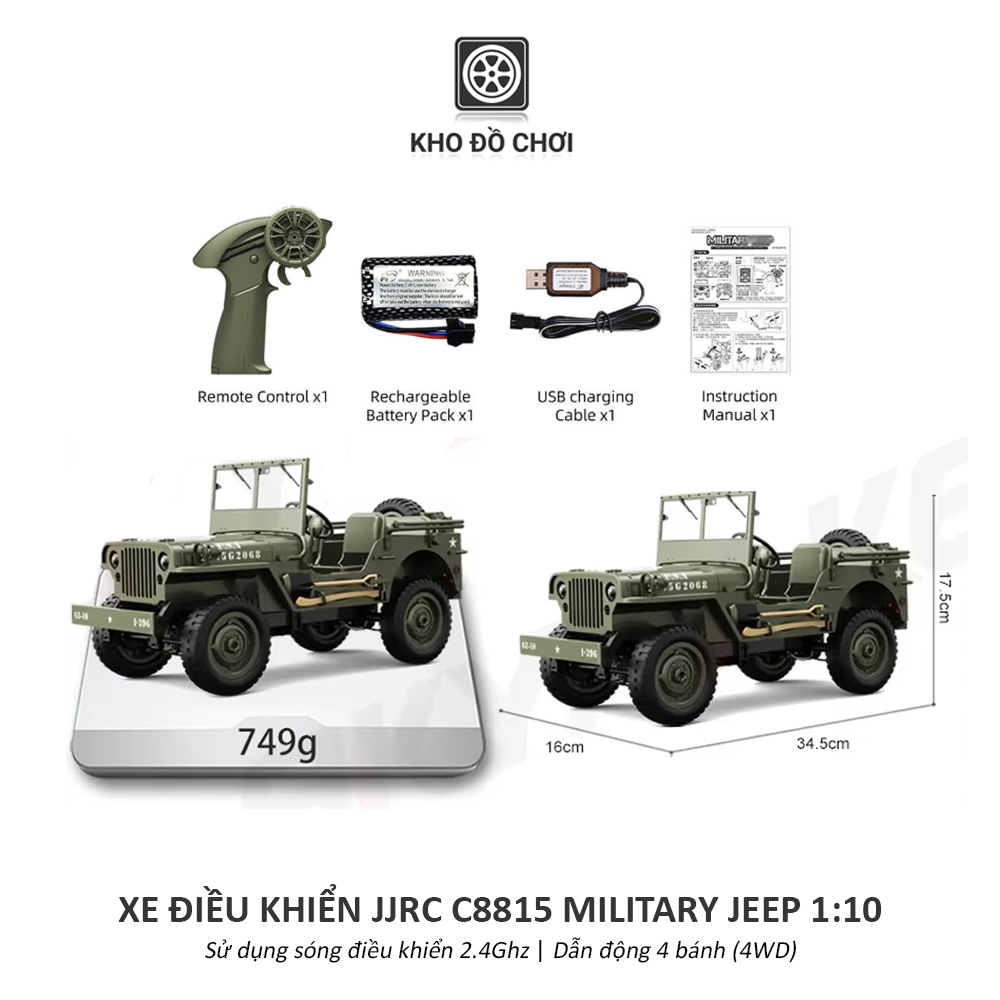 Ô tô điều khiển JJRC C8815 Military Jeep 4WD 1:10 - RTR [TẶNG BIỂN + STICKER]