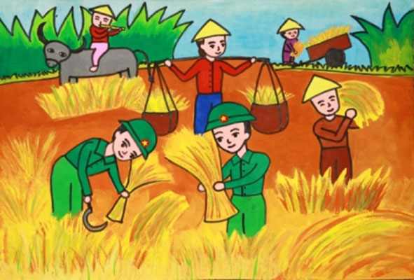 Tranh vẽ bộ đội giúp dân gặt lúa