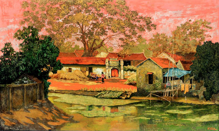 Tranh sơn mài phong cảnh làng quê với vẻ vừa mộc mạc đơn giản lại vừa sang  trọng  mythuathoangkhangcom