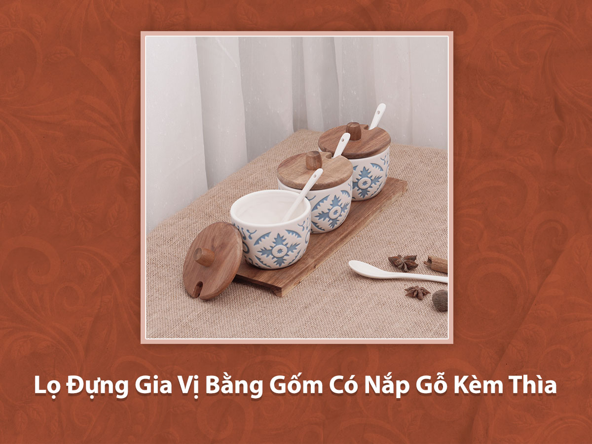 Lọ Đựng Gia Vị Bằng Gốm Có Nắp Gỗ Kèm Thìa