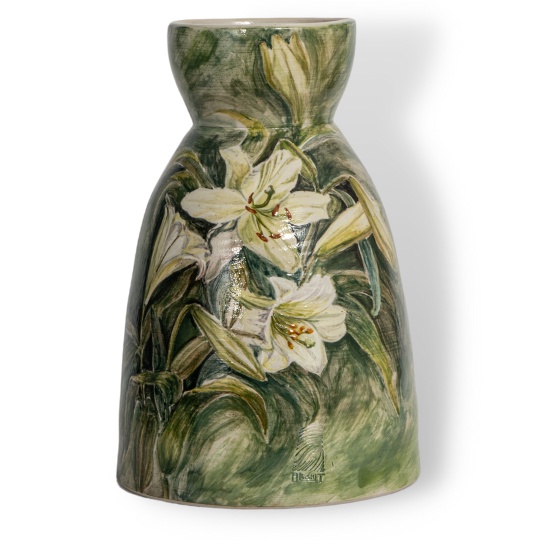 Bình Gốm Cắm Hoa, Họa Tiết Hoa Loa Kèn Trắng, Dáng Bó Mạ Độc Đáo, Nền Lục