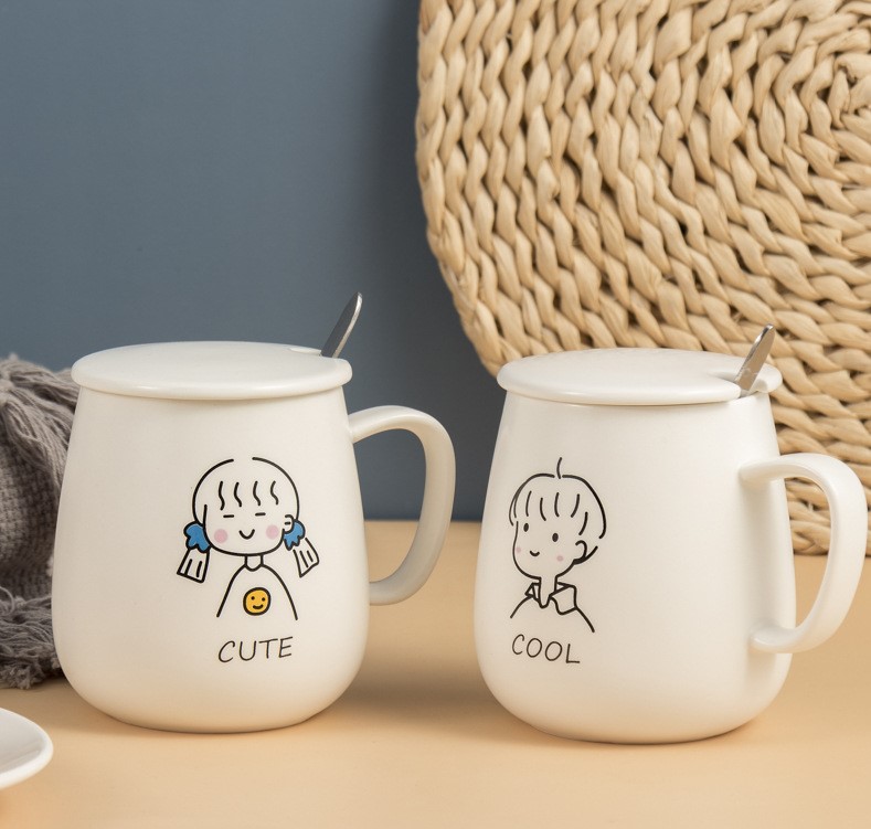 Cốc Uống Nước Sứ Trắng - Cặp Đôi Đáng Yêu (350ml)