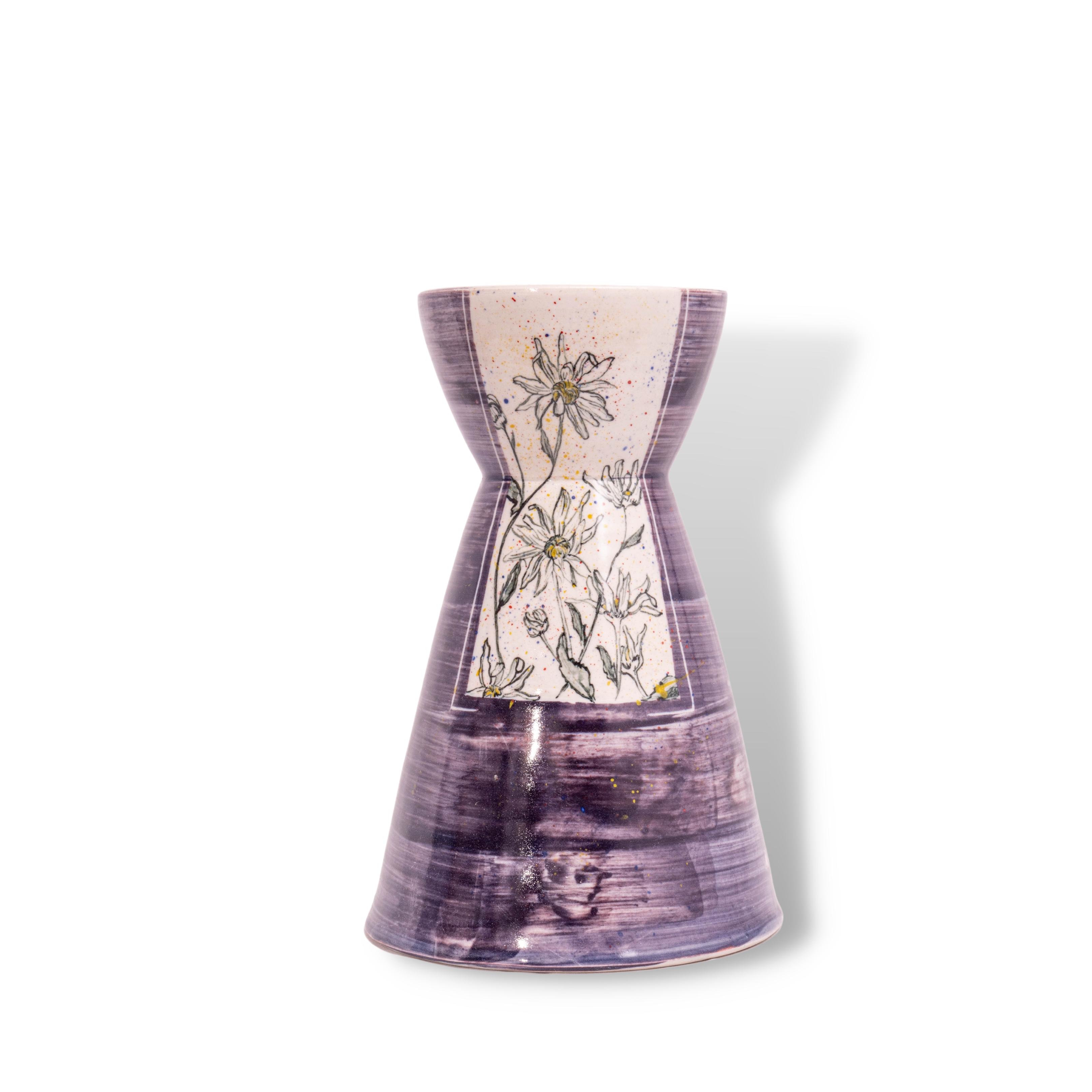 Bình Men Tím Hoa Cúc Trắng Miệng Loe