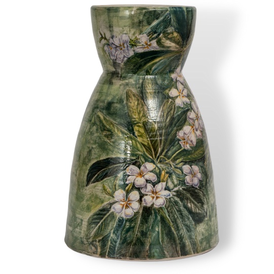 Bình Gốm Cắm Hoa, Họa Tiết Hoa Dừa Cạn Tím, Dáng Bó Mạ Độc Đáo, Nền Lục