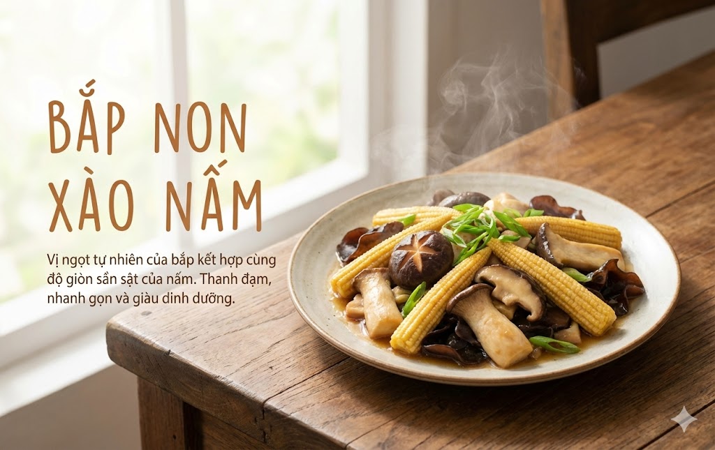 Bắp Non Xào Nấm Giòn Ngọt