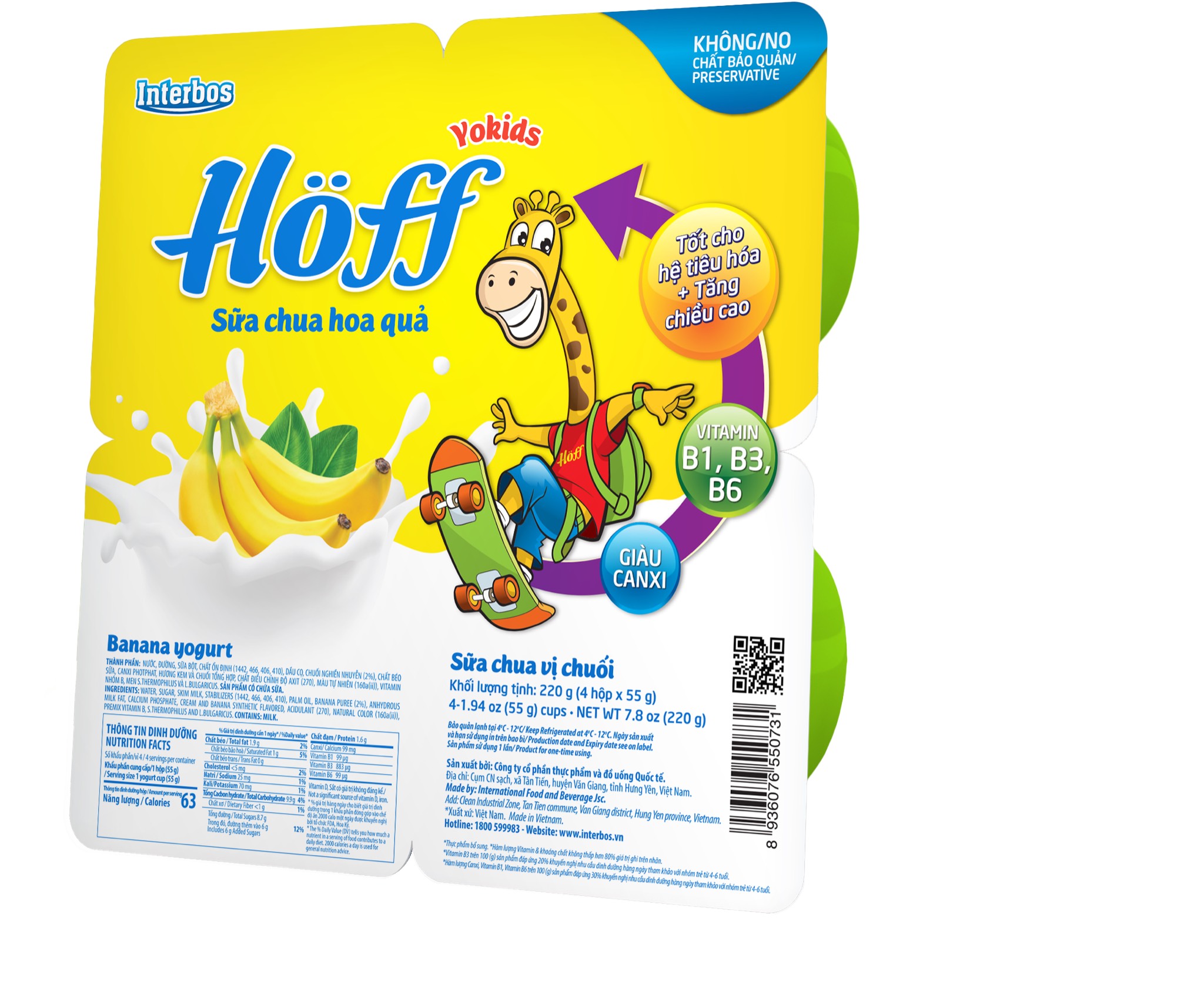 Sữa chua trẻ em vị Chuối Hoff (4 vỉ - 16 hộp)