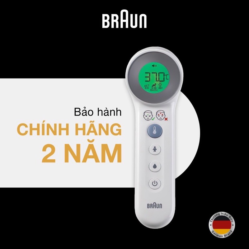 Trọn bộ nhiệt kế điện tử đo trán Braun BNT400WE chính hãng Fullbox