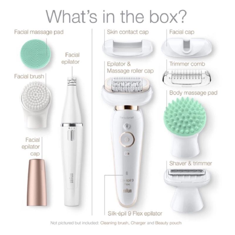 Trọn bộ phụ kiện cao cấp đi kèm máy tẩy lông Braun Silk-épil 9 Flex 9300