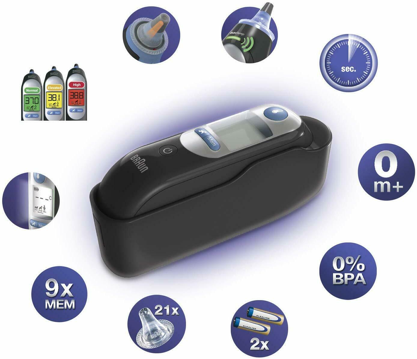 Đèn định vị ExacTemp chính xác trên nhiệt kế đo tai Braun IRT 6520 màu đen