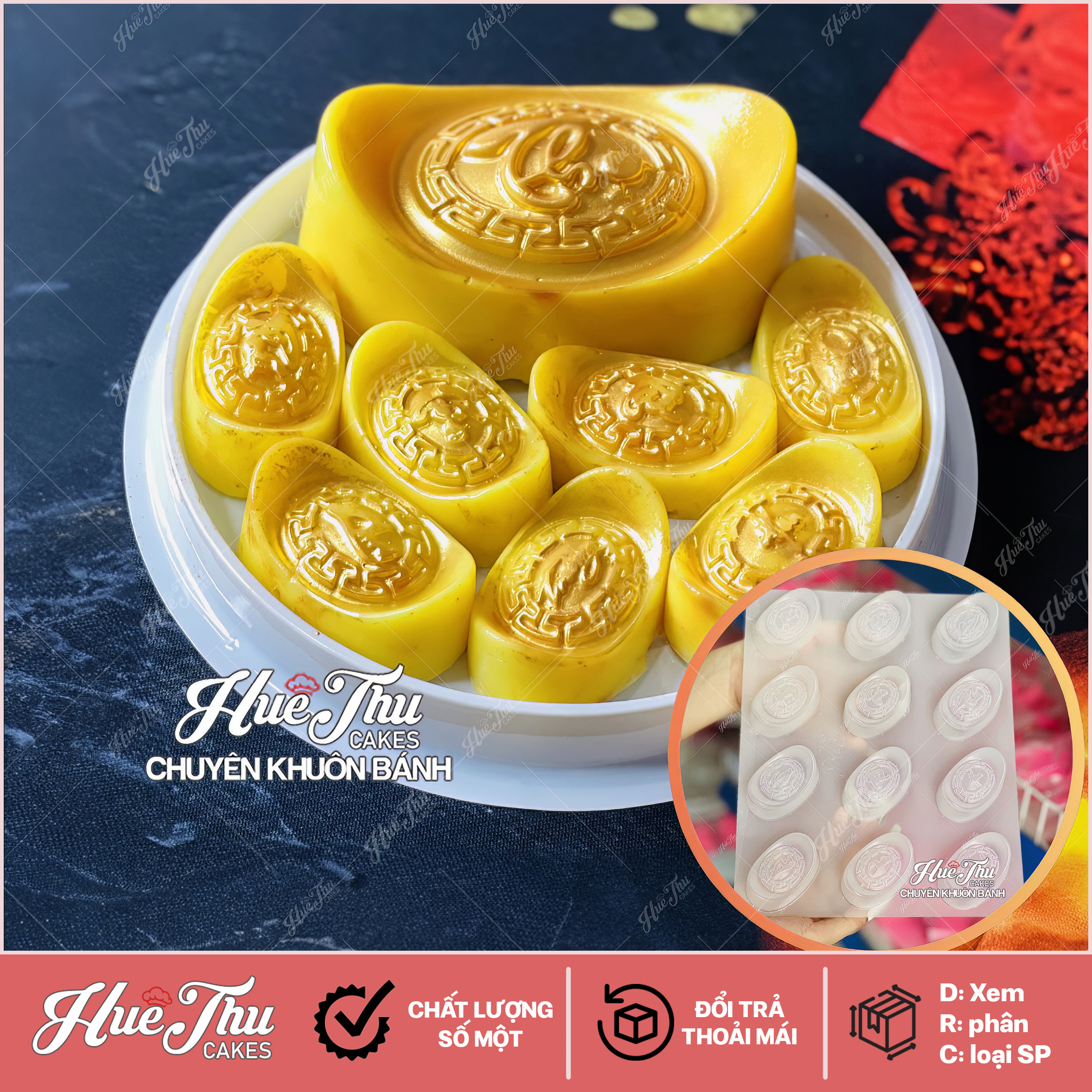 Khuôn Thỏi Vàng có chữ (vỉ 12 thỏi) làm bánh rau câu 3D 4D nhấn xôi, fondant, socola, nến hanmade