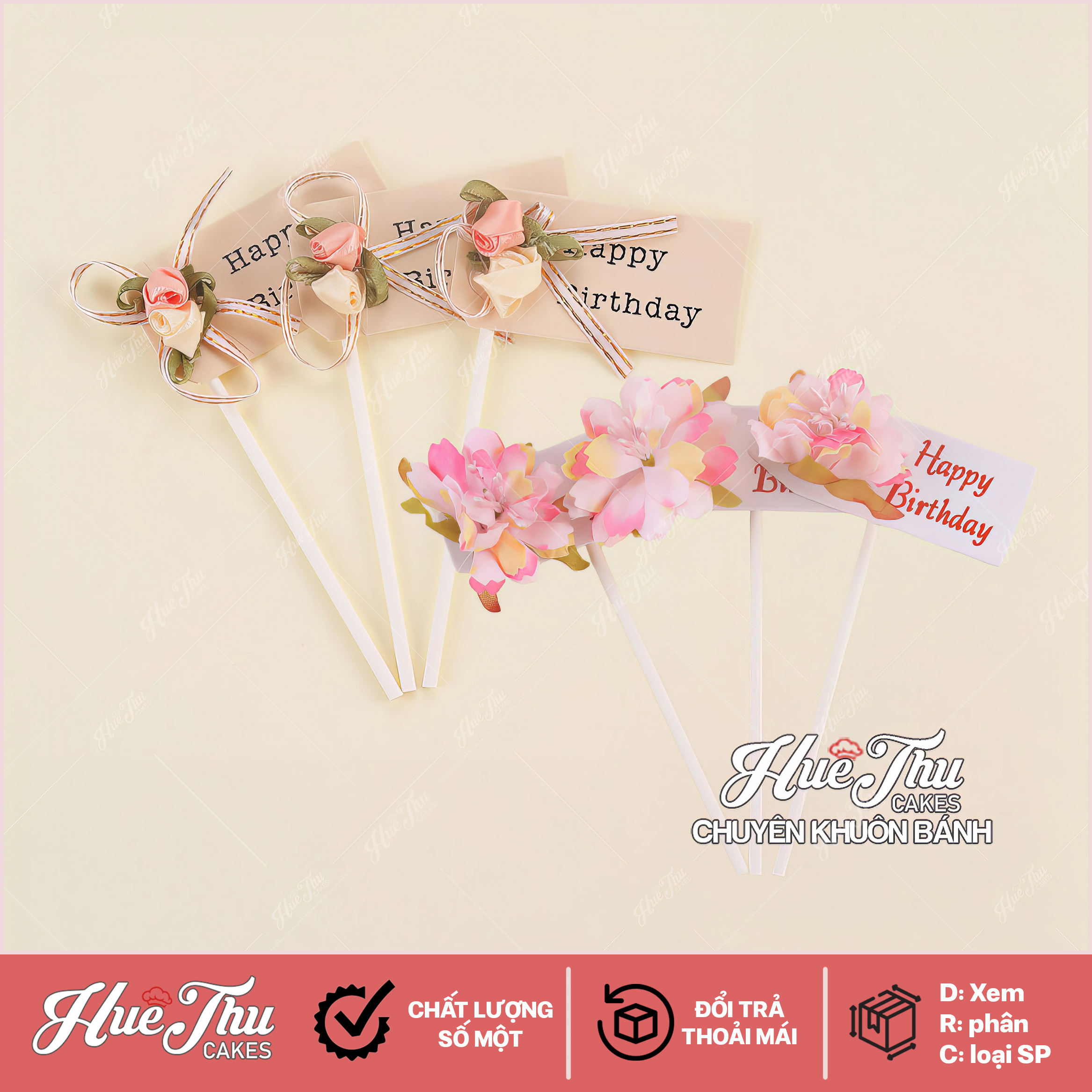 Que cắm Happy Birthday Gắn Hoa phụ kiện trang trí bánh sinh nhật, bánh rau câu, bánh kem