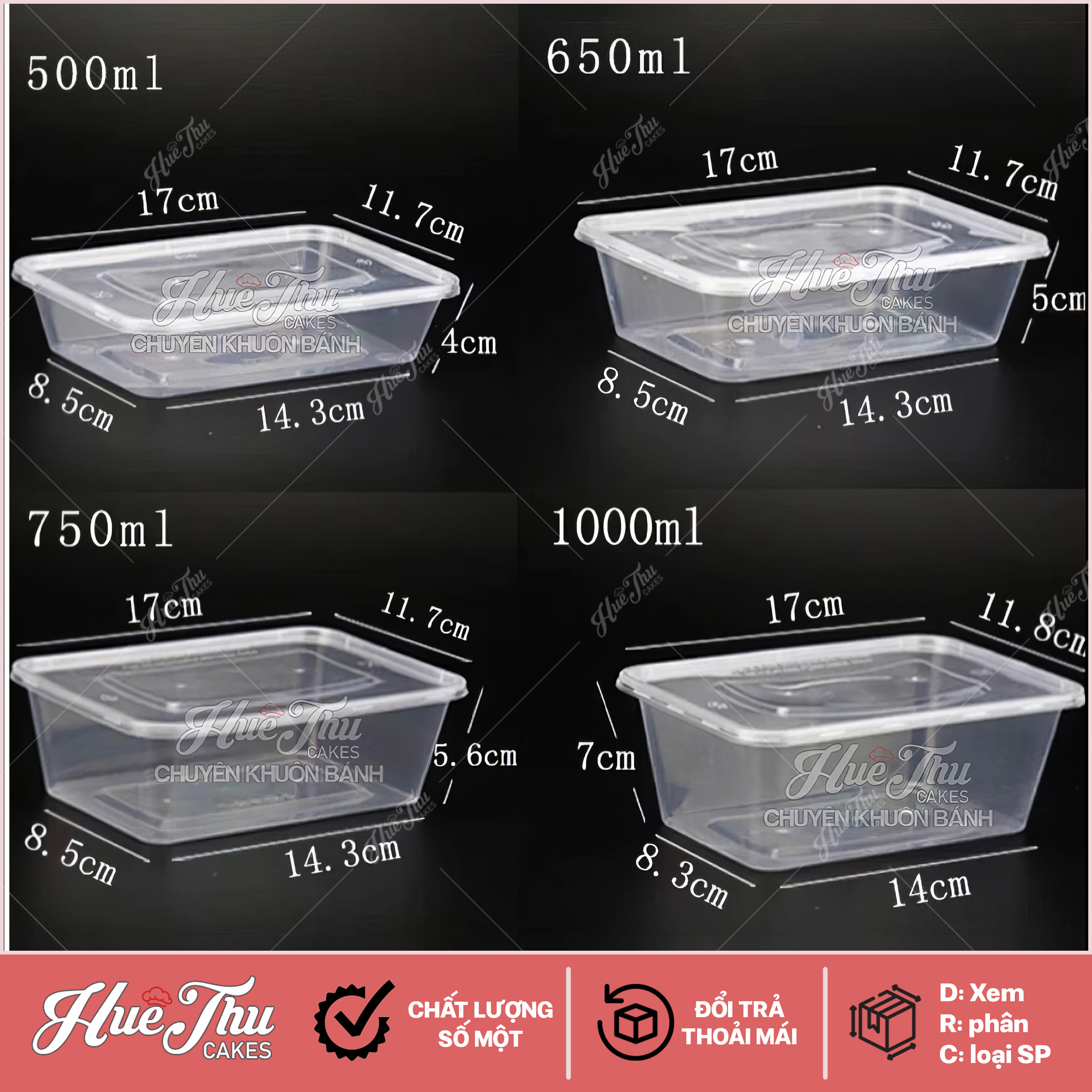 Hộp nhựa chữ nhật trong (10 cái) có nắp đựng thực phẩm, rau câu