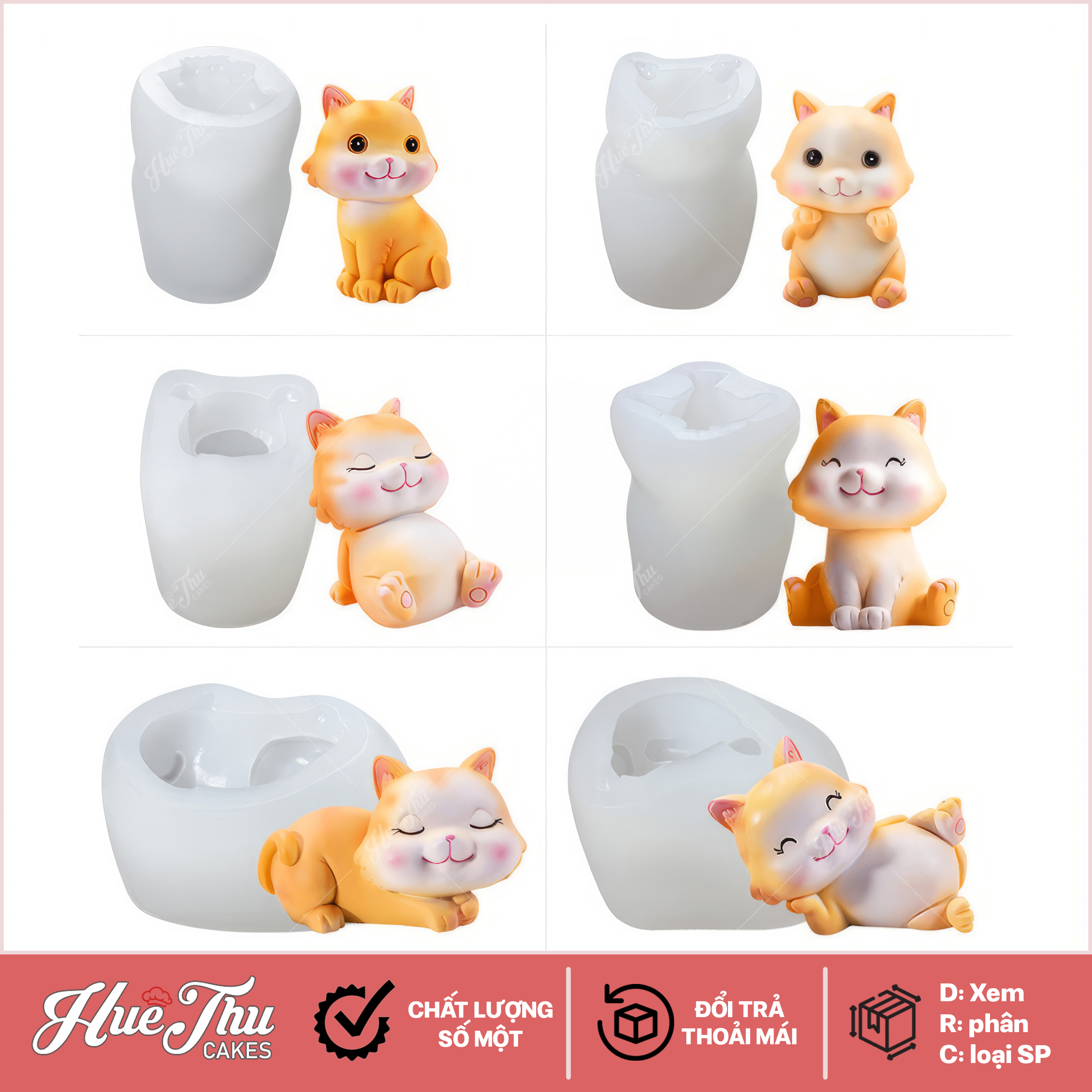 Khuôn silicon Con Mèo Dễ Thương làm bánh rau câu 3D 4D nhấn xôi, fondant, socola, nến hanmade