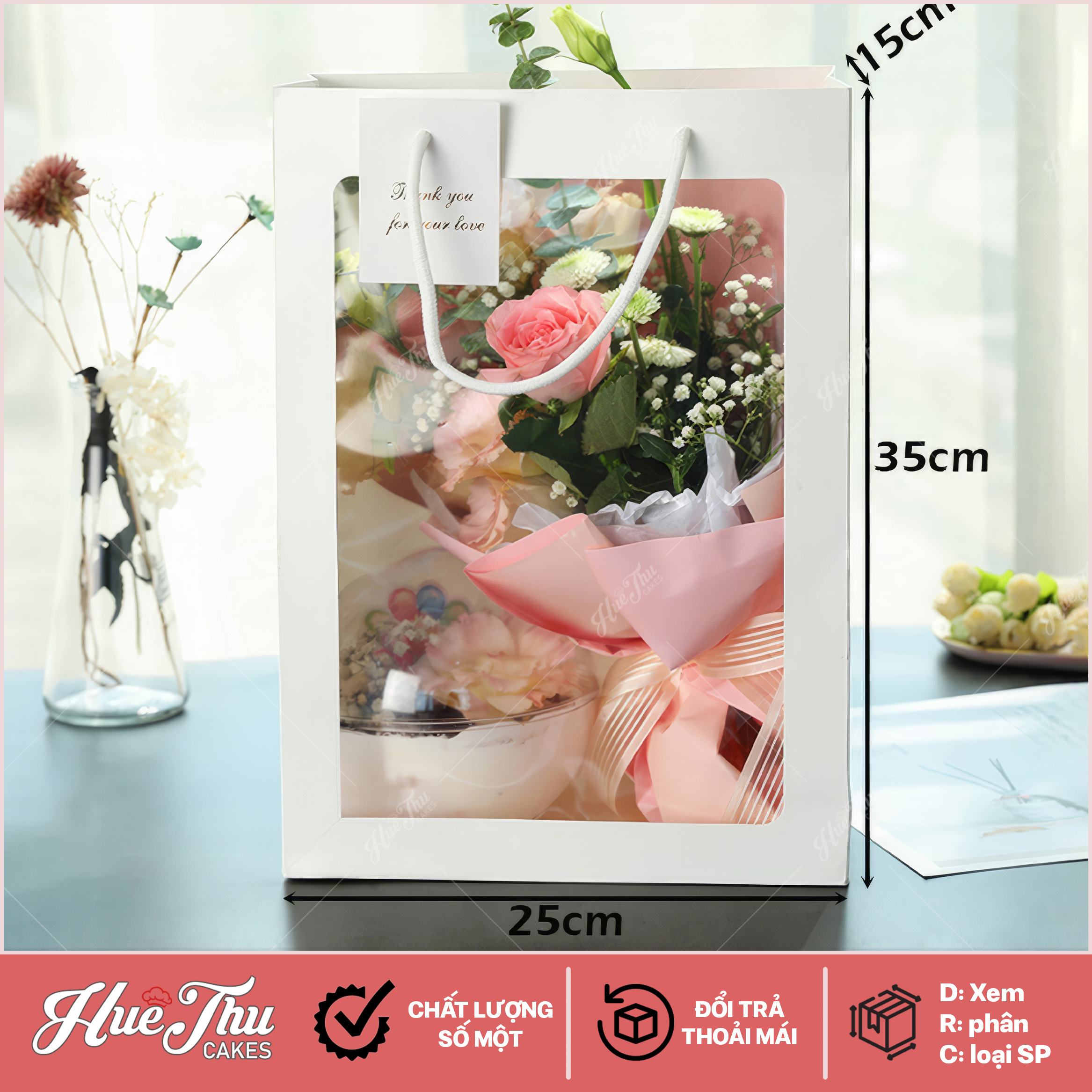 Túi giấy cửa sổ mica (có quai xách) đựng bó hoa mini, bánh rau câu, xôi hoa đậu