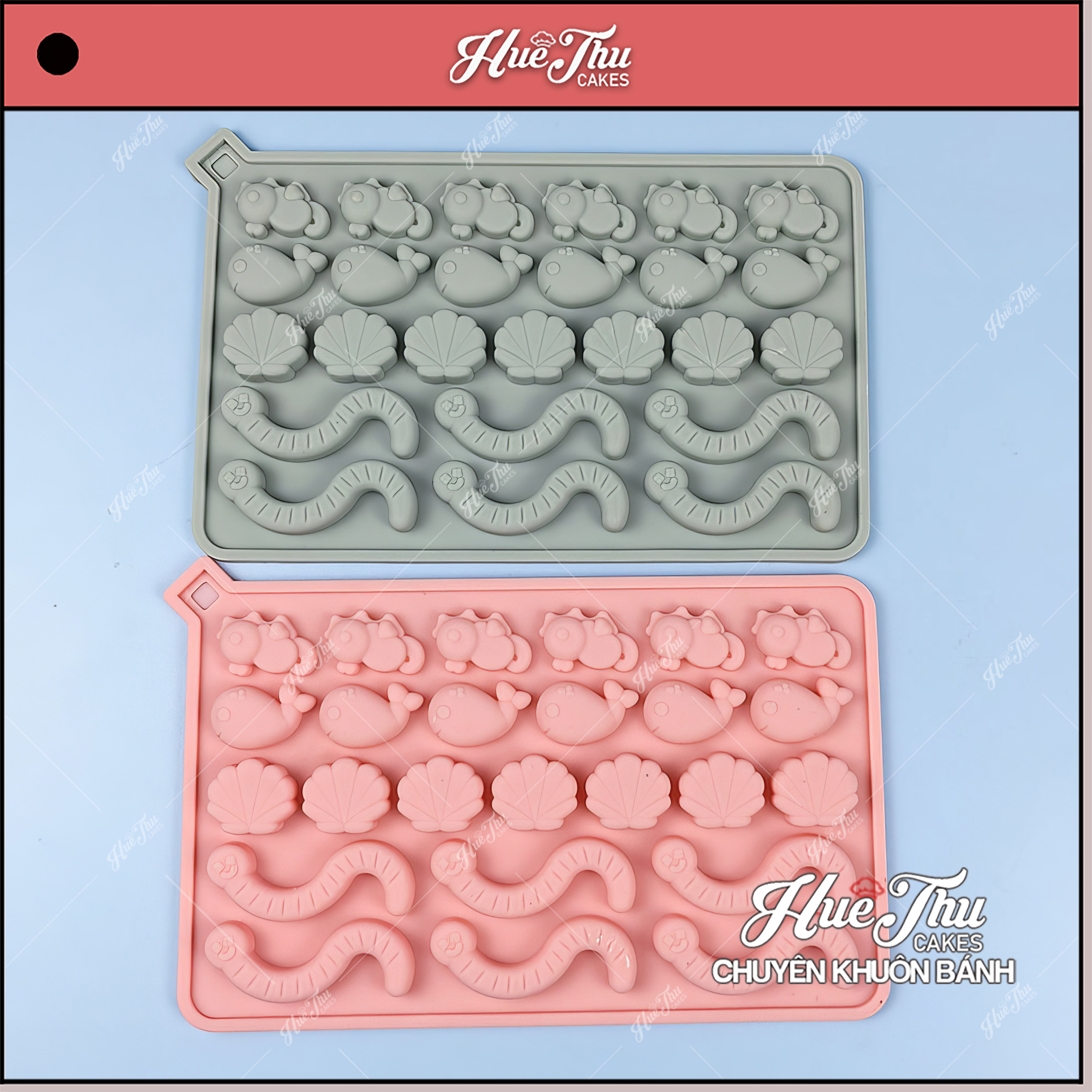 Khuôn silicon kẹo chip Vỏ Sò, Rắn, Cá Heo (vỉ 24 hình) làm kẹo dẻo, chip chip, rau câu mini, thạch trà sữa