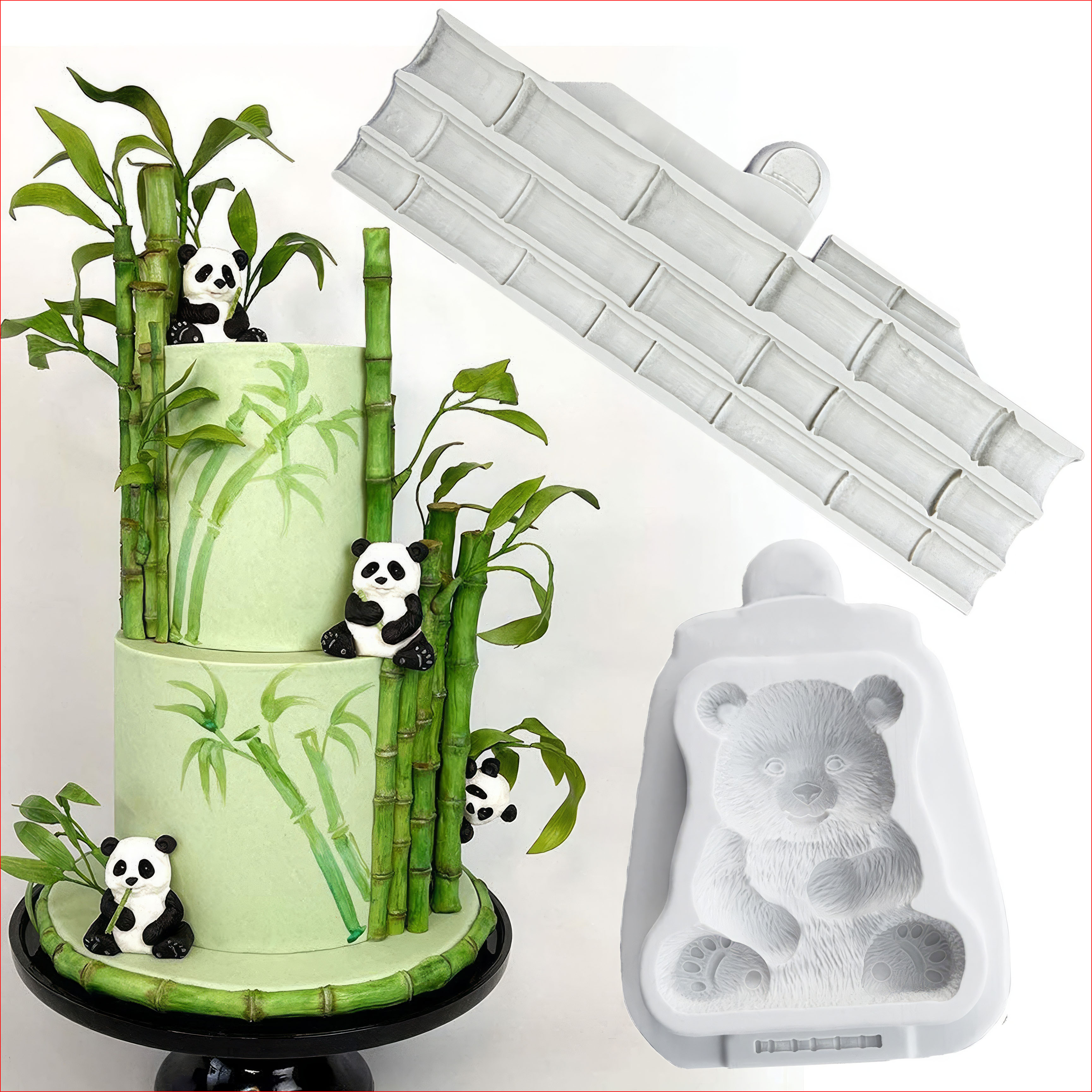 Khuôn silicon Viên Gấu Trúc Cây Tre A62 làm bánh rau câu 3D 4D nhấn xôi, fondant, socola, nến hanmade