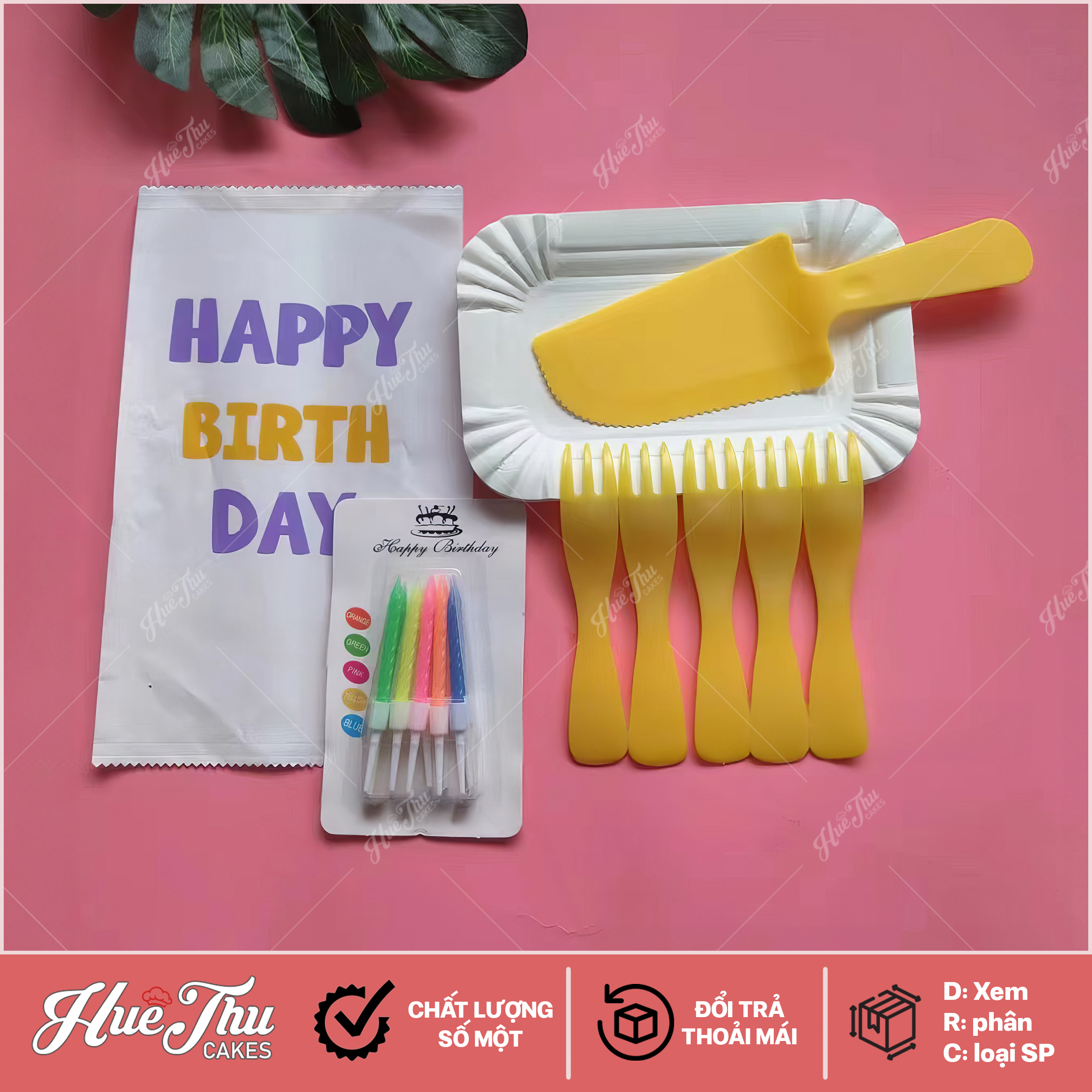 Combo 10 đĩa Giấy + 10 dĩa + 1 Dao + 1 vỉ 10 cây nến, Bộ Dao dĩa nến - Phụ kiện bánh sinh nhật bánh kem