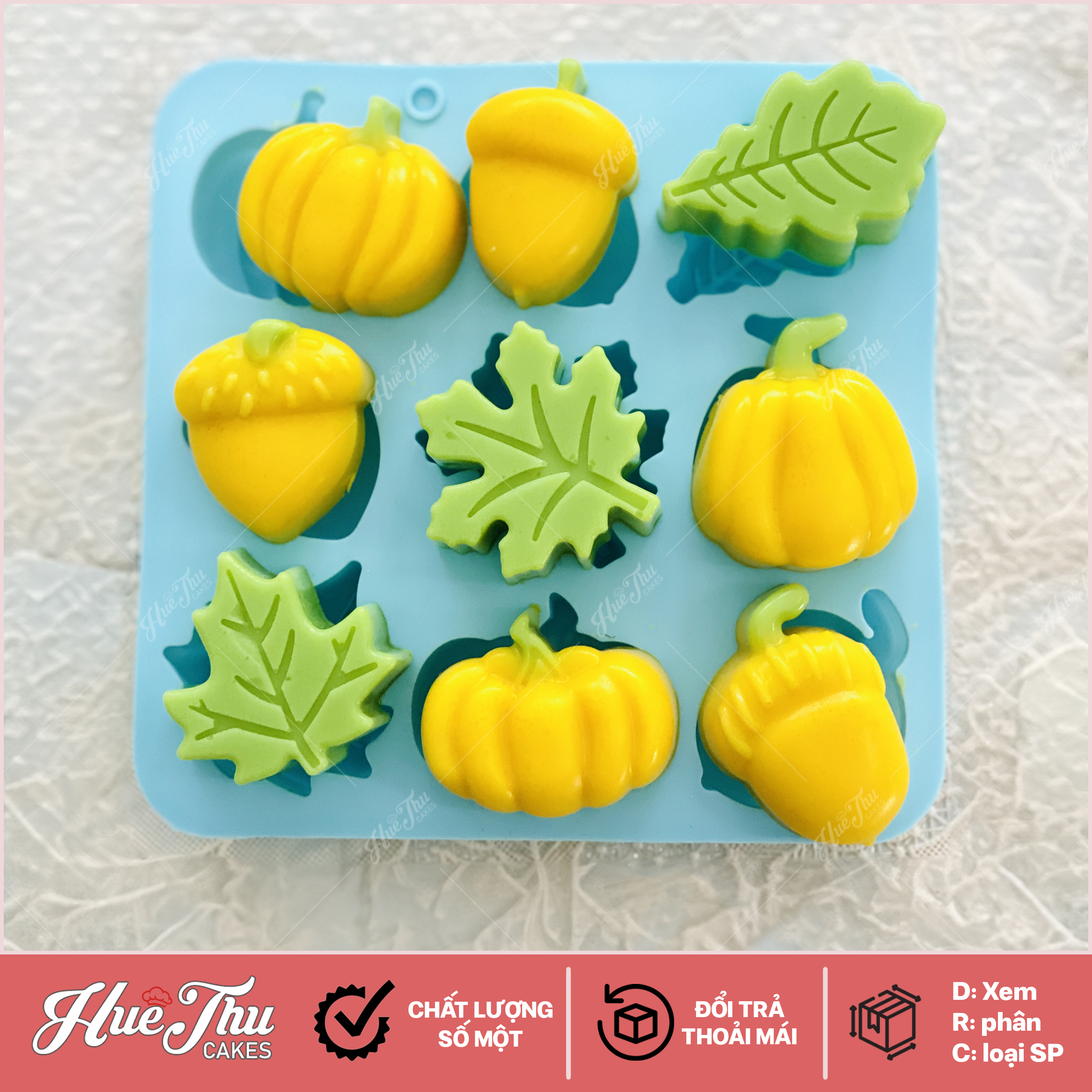 Khuôn silicon Bí Ngô, Lá Phong A146 (vỉ 9 hình) làm bánh rau câu 3D 4D nhấn xôi, fondant, socola, nến hanmade
