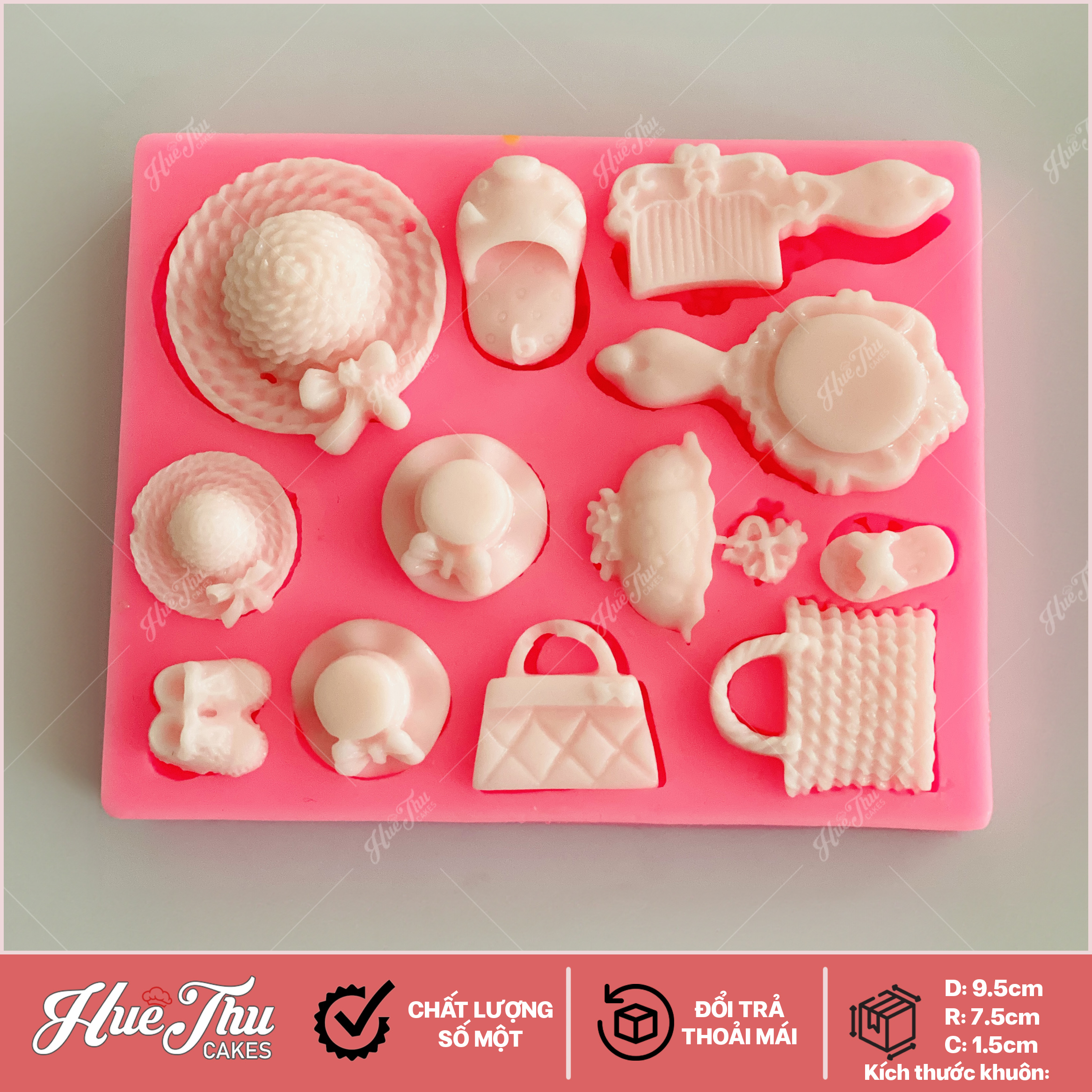 Khuôn silicon Túi Xách, Lược, Gương... A174 (vỉ 12 hình) làm bánh rau câu 3D 4D nhấn xôi, fondant, socola, nến hanmade
