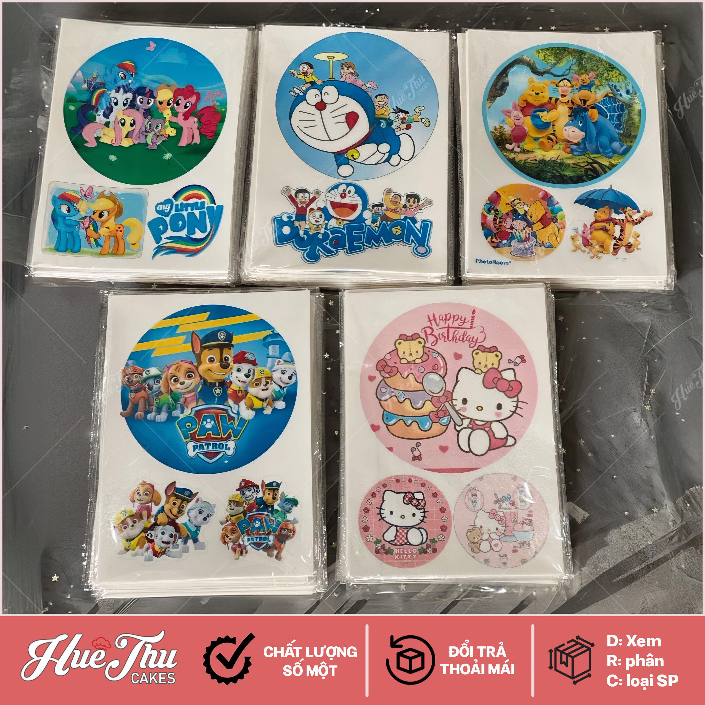 Giấy gạo hoạt hình (xấp 5 tờ in hình Doraemon, Hello Kitty...) ăn được trang trí bánh rau câu, bánh kem, bông lan