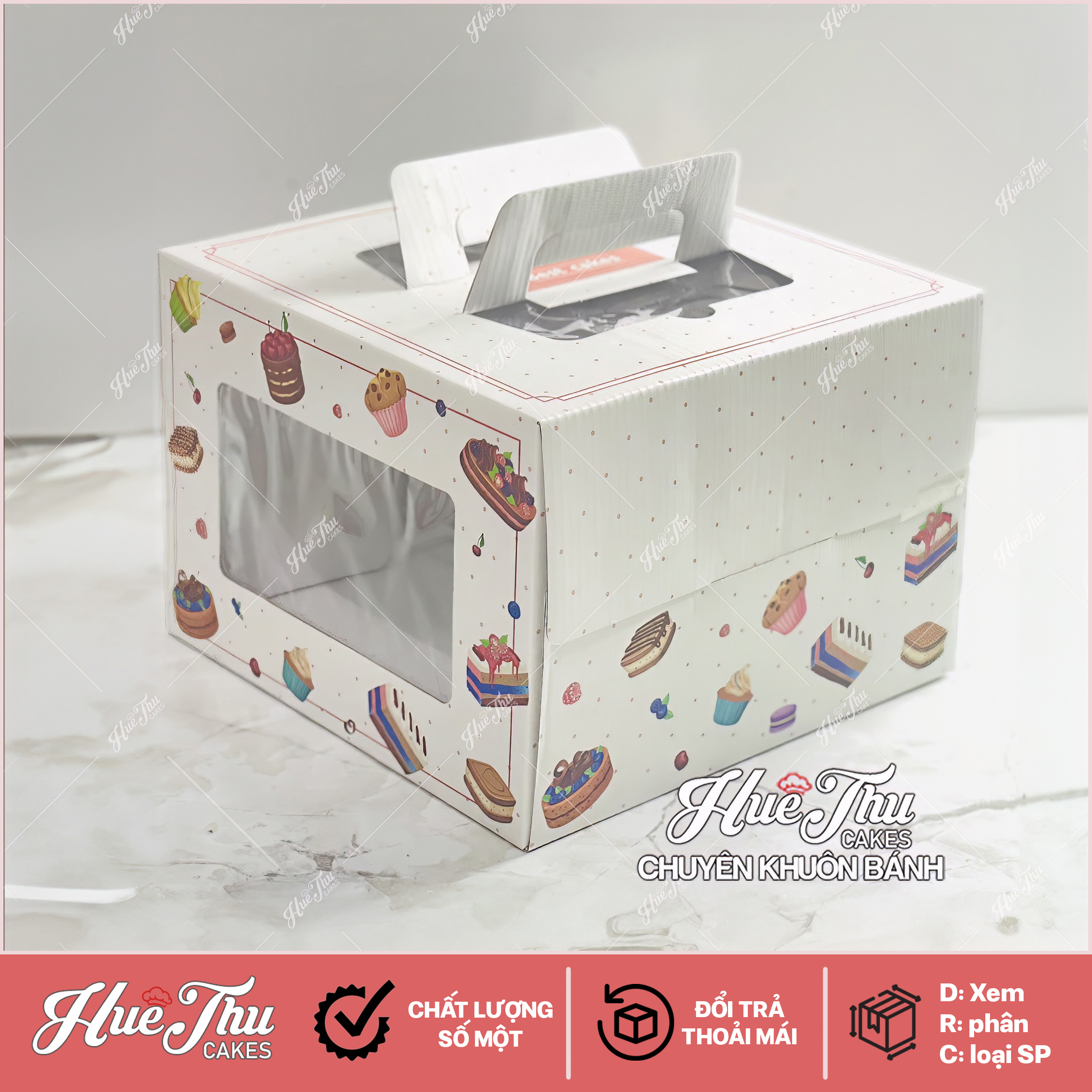 Hộp giấy vuông quai xách size 20/25/28/30/35cm cao 18cm đựng bánh sinh nhật kèm đế