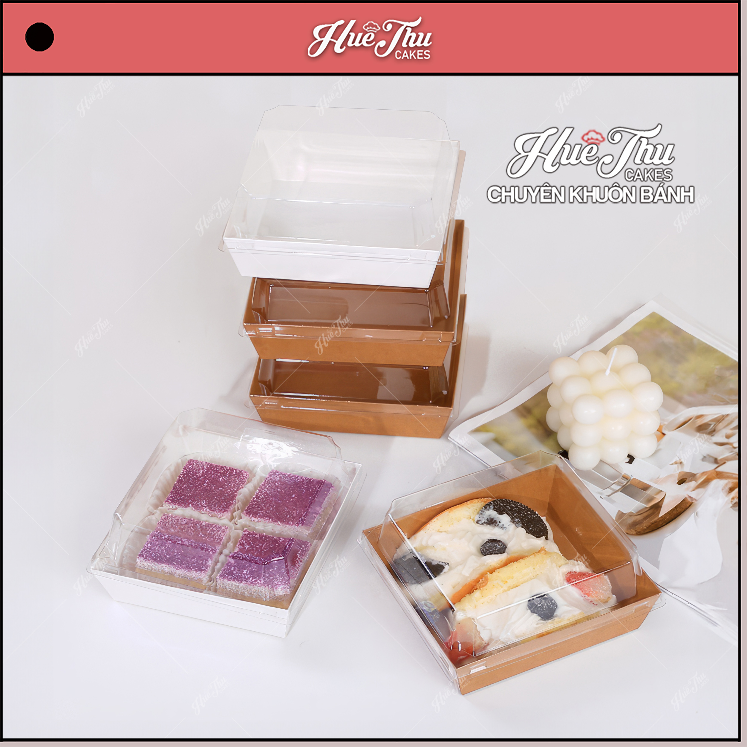 Hộp vuông giấy Kraft 10.5/11.5/12.9cm (10 cái, có nắp) màu nâu, trắng đựng bánh trôi, bánh bông lan, rau câu, đồ ăn