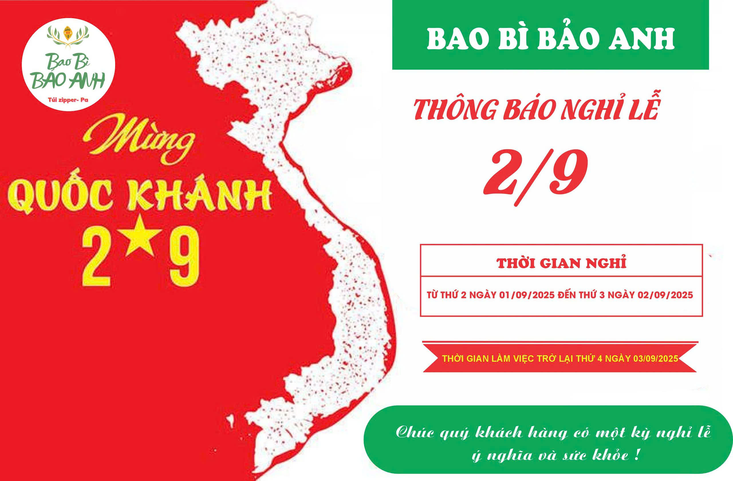 THÔNG BÁO LỊCH NGHỈ LỄ 2/9 TẠI: Công Ty TNHH Thương Mại Và Sản Xuất Bao Bì Tổng Hợp Bảo Anh !